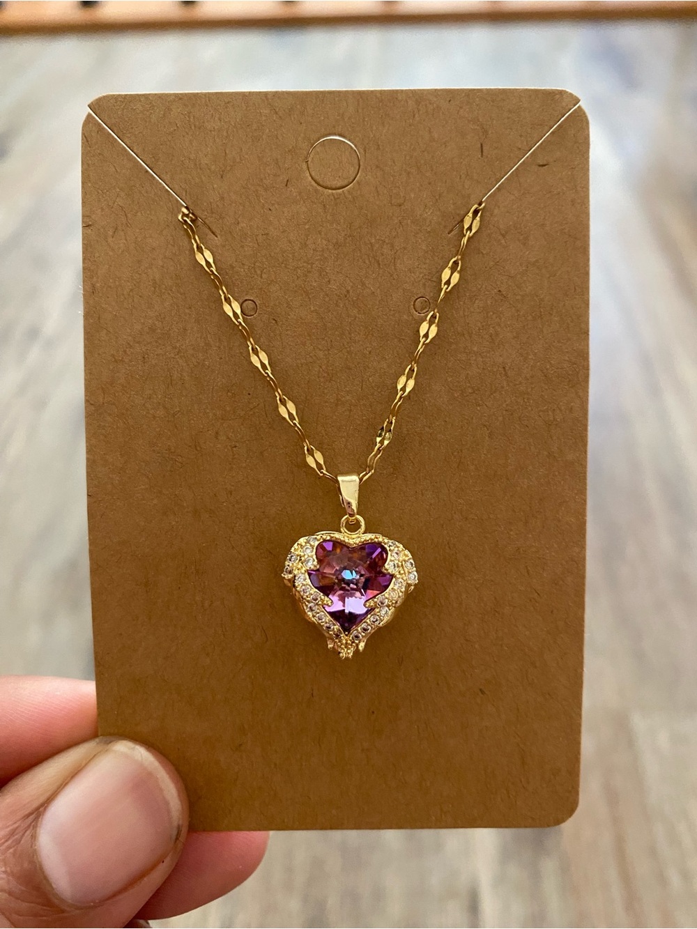 Gold Stainless Steel Heart Pendant Necklace with Pink/Purple Crystal Center